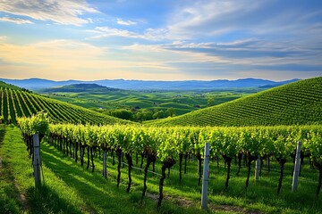 Fototapeta premium Sunlit vineyard rows, rolling hills, sunset landscape, wine region