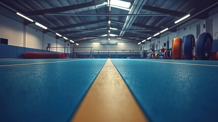 Perspective View of a Modern Indoor Gymnastics Arena with Blue Floor