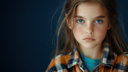Fototapeta premium Girl in plaid shirt and turquoise tshirt on blue background. Youth fashion content