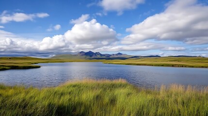 A picturesque view of a tranquil lake bordered by lush greenery and mountains under a bright blue sky : Generative AI