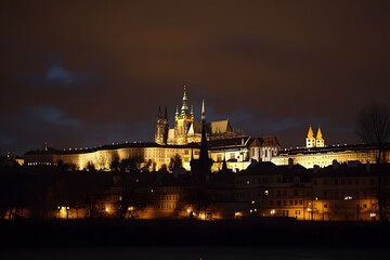 Obraz premium Night Prague Castle, cityscape, illuminated, river, travel