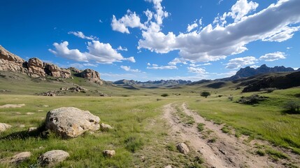 Fototapeta premium Wide Open Landscape with Beautiful Rocky Mountains and Clear Blue Sky Under White Clouds : Generative AI