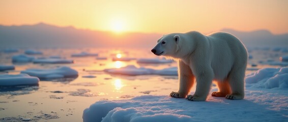 Polar Bear Standing on a Cracked Ice Sheet Under Dramatic Sunset.Wallpaper, Banner, Background