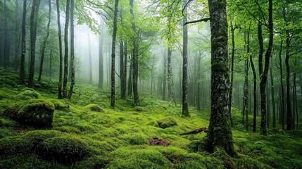 Obraz premium Misty Green Forest: A Serene Landscape