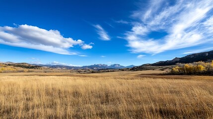 Fototapeta premium Panoramic view of a golden field under a bright blue sky capturing serene rural landscape and mountains : Generative AI