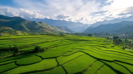 Obraz premium Breathtaking Aerial View of Lush Green Rice Terraces Under Dramatic Clouds and Blue Sky : Generative AI