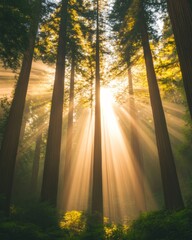 Obraz premium Earth Day Serenity Majestic Redwood Forests in Golden Mist - Eco-friendly Event Branding and Sustainable Nature Retreats for Green Tourism Experiences