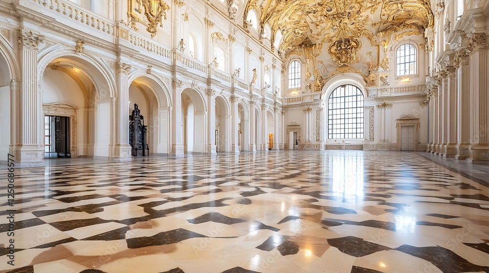 Poster opulent historical hall with grand architecture intricate ceiling details and rich marble flooring i