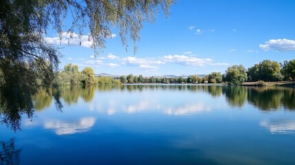 Serene lake landscape reflecting blue skies with fluffy clouds in a picturesque natural setting : Generative AI