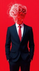 hell, fire, and demon concept. Man in suit with abstract red head design
