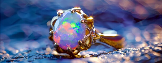  a breathtaking opal ring displaying a dazzling spectrum of colors under natural daylight, ultra-realistic lighting