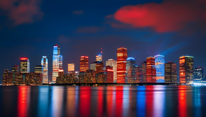 Fototapeta premium Illuminated night skyline urban cityscape photograph waterfront wide angle modern architecture