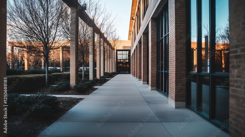 Poster serene urban pathway surrounded by modern architecture and nature's touch : generative ai