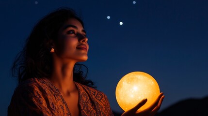 Naklejka premium Celestial Modernism Astrology Day Inspiration with South Asian Woman in Cosmic Robes for Spiritual Spring Equinox and Solar Marketing Campaigns