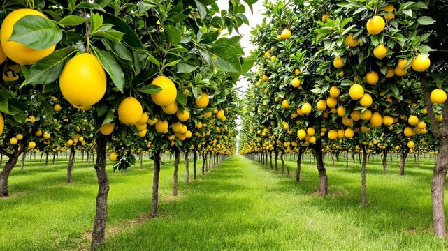 Lush Lemon Grove in Sunny Day