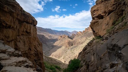 Stunning panoramic view of a canyon with rocky cliffs and vibrant blue sky : Generative AI