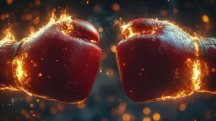 A dramatic, digitally rendered image featuring two boxing gloves—one black and one red—positioned on either side of a fiery,