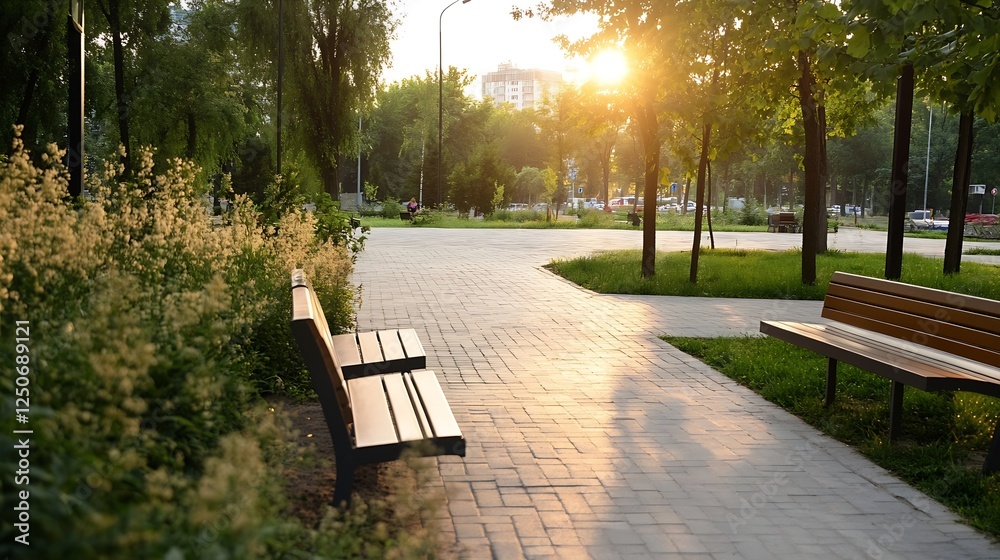 Aufkleber sunset casting warm golden light over a peaceful park pathway with benches and greenery : generative