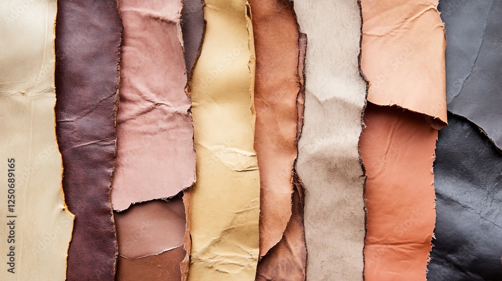 Poster variety of colorful leather swatches displayed on a work surface for crafting : generative ai