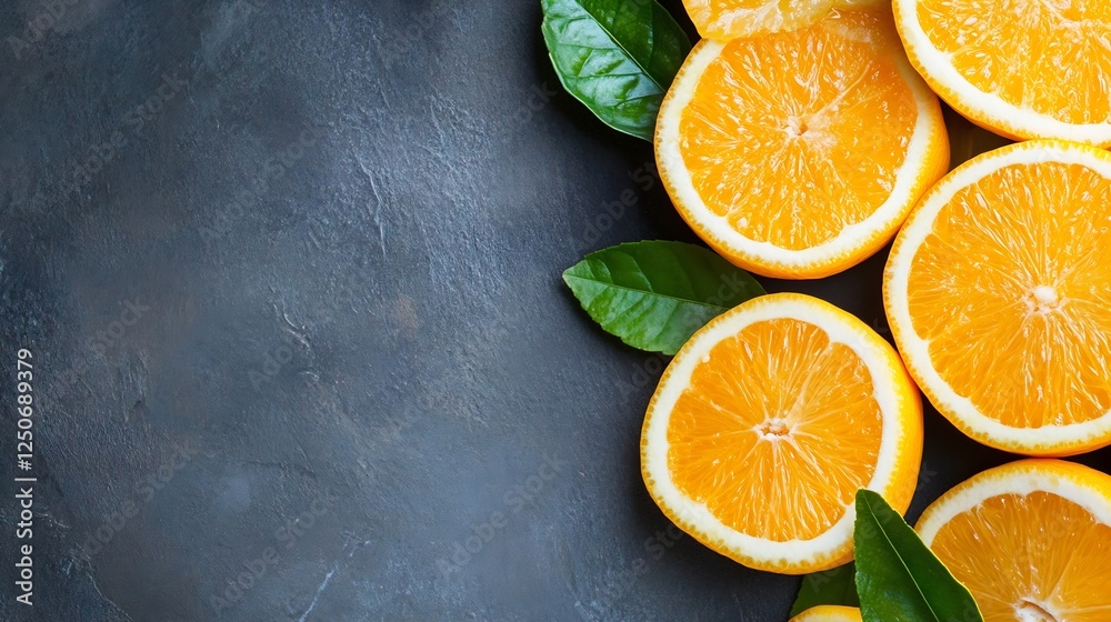 Poster freshly cut orange slices curled on a dark background with green leaves for a vibrant display : gene