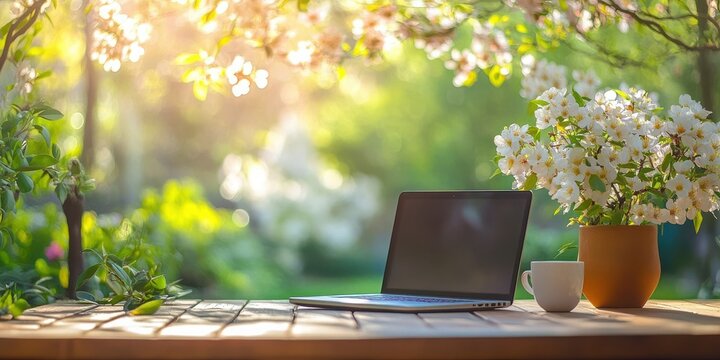Serene outdoor workspace with a laptop and fresh spring garden. Spring, nature, technology, home office, nature and productivity