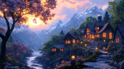 Naklejka premium Mountain Village Sunset Landscape with River and Blossoms
