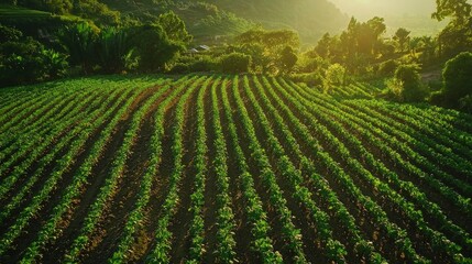 Serene Sunset over Lush Green Farmland: Aerial View of Rolling Hills and Cultivated Fields