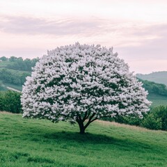 Naklejka premium Solitary White Flowering Tree in a Green Field