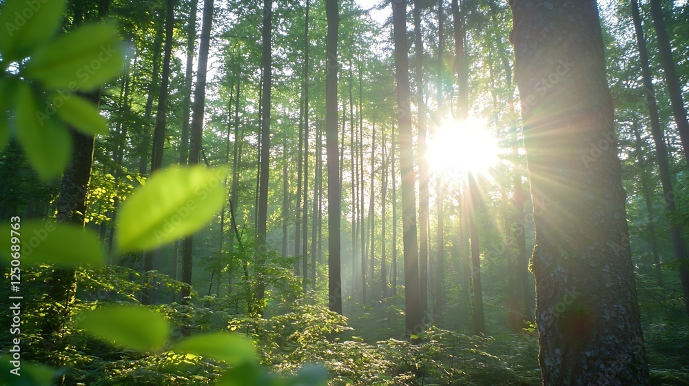 Poster sun rays shining through the lush green forest creating a magical morning atmosphere : generative ai