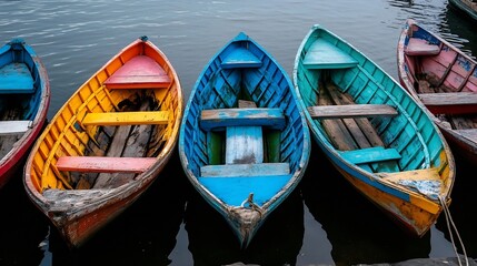 Obraz premium Vibrant colored wooden boats resting on calm water create a lively scene of coastal charm and beauty : Generative AI
