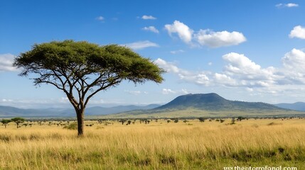 Stunning African landscape with a solitary acacia tree against a backdrop of mountains : Generative AI