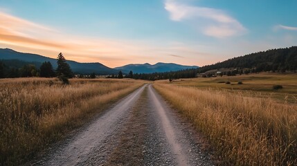 Peaceful dirt road winding through fields and mountains under a tranquil sunset sky : Generative AI