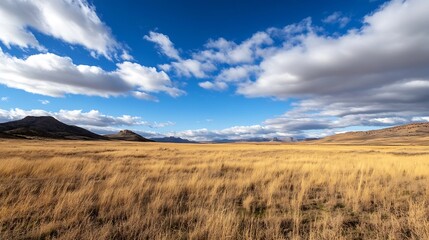 Expansive golden grassland under a vibrant blue sky with fluffy clouds in a serene landscape view : Generative AI