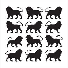A series of black lion silhouettes in a variety of poses.