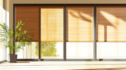 Brown sunblind shutter curtains shade, office interior closed jalousie. Vector roller jalousie, horizontal window curtains, sun shade blinds outline icon