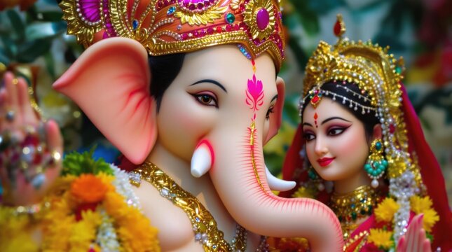 Hindu Statues of Lord Ganesha and Goddess laxmi with Colorful Details