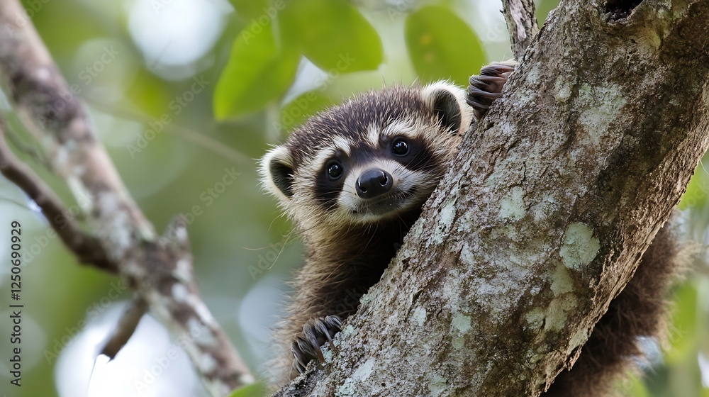 Poster Close Up of a Playful Raccoon Climbing a Tree with Soft Bokeh Background : Generative AI