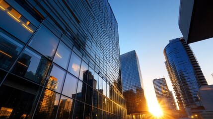Reflective glass buildings catching the last rays of sunset in a vibrant urban skyline : Generative AI
