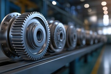 Fototapeta premium Close-up of metallic gears on an industrial assembly line. High-tech engineering and manufacturing concept
