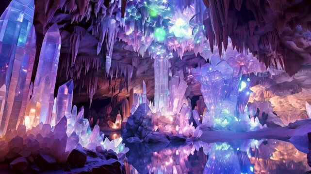 Crystal cave with stalactites and stalagmites