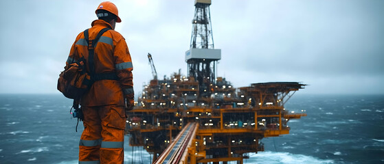 Offshore worker, stormy sea, oil rig platform