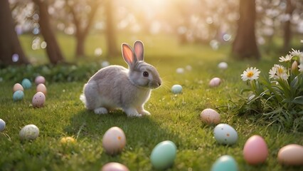 Easter bunny hunting eggs