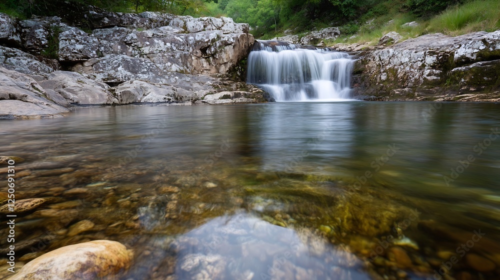 Poster serene picturesque waterfall cascading into a tranquil pool surrounded by rocky terrain : generative