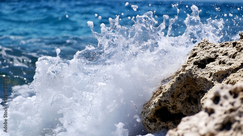 Poster dynamic ocean waves crashing against rugged rocks producing a stunning water splash : generative ai