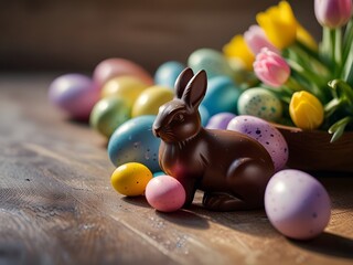 Chocolate bunny, easter eggs