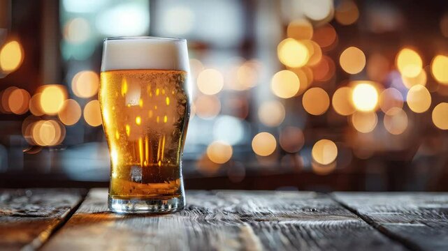 Cold beer glass resting on weathered wooden surface, water droplets glistening, soft bar lighting creating warm background ambiance