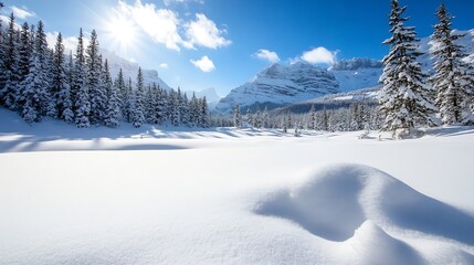 Stunning winter landscape with snowcovered trees and mountains under a bright blue sky : Generative AI