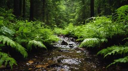 Obraz premium Serene Stream Flowing Through a Lush Green Forest with Ferns : Generative AI