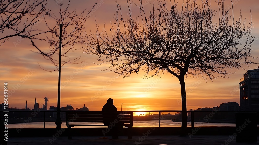 Poster silhouette of a person sitting on a bench enjoying a serene sunset over a calm river landscape : gen