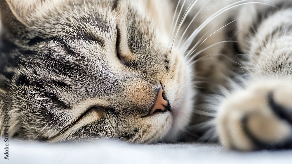 Poster Adorable sleeping tabby cat resting peacefully on a soft surface with its eyes closed and whiskers visible : Generative AI